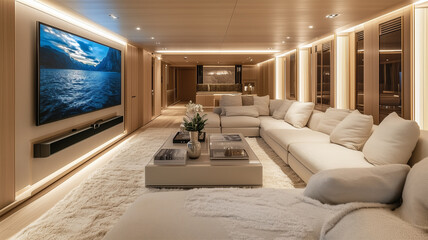 Fototapeta premium 大型TVとサウンドシステムが映えるラグジュアリーなモダンリビング