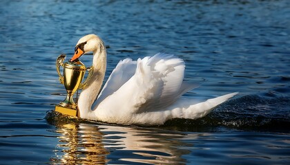 Graceful swan swimming in a lake, elegantly carrying a small golden trophy in its beak