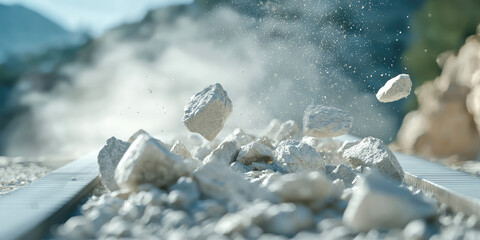 Outdoor Conveyor belt transporting crushed stones in a quarry. Removing stone debris with a mechanical conveyor belt on construction site