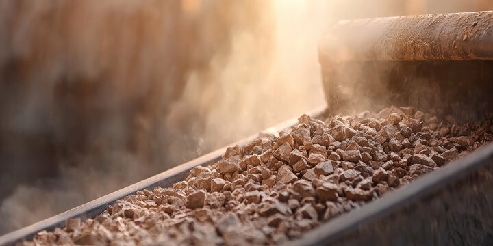 Outdoor Conveyor belt transporting crushed stones in a quarry. Removing stone debris with a mechanical conveyor belt on construction site