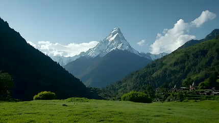 Fototapeta premium Majestic Snowcapped Mountain Peak in a Lush Green Valley
