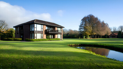 Obraz premium Modern Brick House with Green Lawn and Pond on a Sunny Day