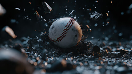 A baseball bursting through a shattered ground, pieces of debris suspended mid-air, strong directional lighting casts deep shadows