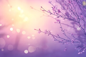Beautiful spring nature background with blurred branch silhouettes against a purple sky at sunset. Serene nature scene in pastel colors, ultra-realistic photography