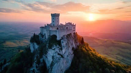 Fototapeta premium Majestic castle atop mountain at sunset (1)
