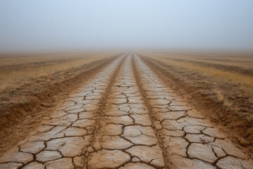 Fototapeta premium Long, cracked dirt road stretches into foggy distance in arid landscape during early morning light