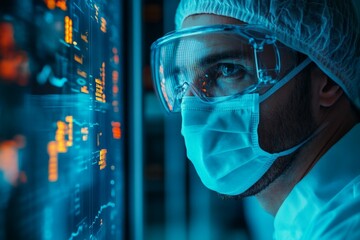 Scientist in protective gear analyzing data on a digital screen in a laboratory setting