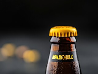 close-up of non alcoholic beer bottle with yellow cap.