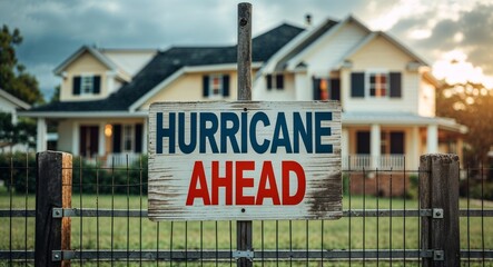 hurricane ahead lettering on sign at fence with house background