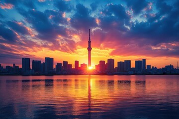 Fototapeta premium Sunset reflecting on the Tokyo skyline with the Skytree standing tall amidst vibrant colors over the water