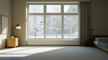 Fototapeta premium Minimalist Bedroom Interior with Snowy City View