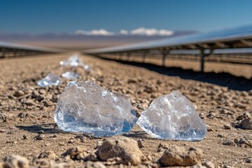 Glacial ice chunks scattered on arid ground in a solar farm under a clear blue sky