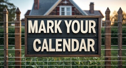 Obraz premium mark your calendar lettering on sign at fence with house background