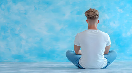 Fototapeta premium Young man meditating, blue background, studio shot, lifestyle