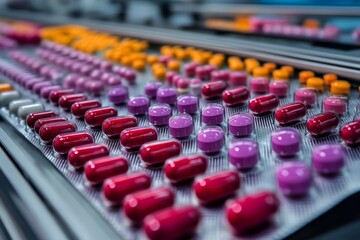 Obraz premium Colorful capsules arranged neatly in rows highlight pharmaceutical production in a modern facility