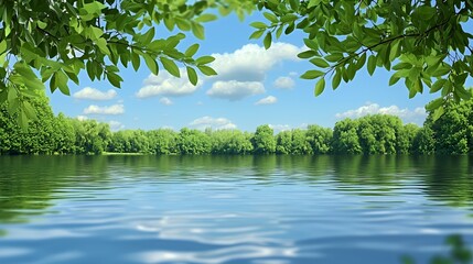Serene Summer Lake Landscape with Lush Green Trees and Blue Sky