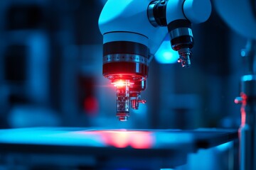 Robotic arm with precision tools works under blue lighting in a modern laboratory environment