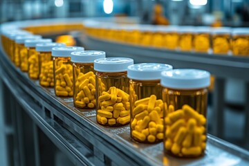 Factory production line featuring yellow capsules in clear bottles during a busy day