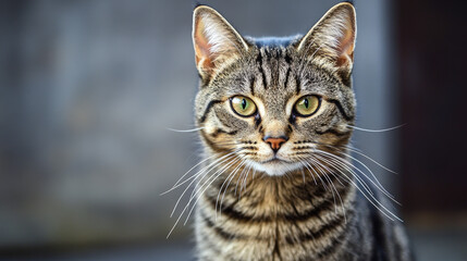 Fototapeta premium Bright-eyed tabby cat staring directly at the camera with a sharp and curious expression