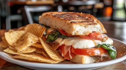 Close-Up of Perfectly Grilled Italian Panini with Fresh Tomatoes, Basil, and Chips on a Plate