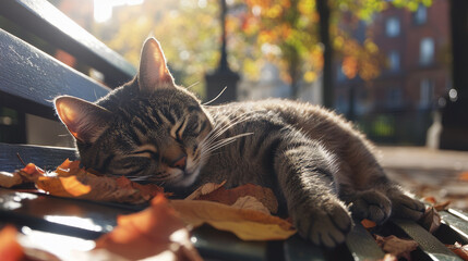 Tabby cat peacefully sleeping on a park bench covered in autumn leaves under warm sunlight

