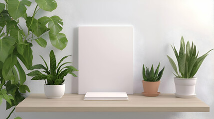 White Blank Canvas Mockup with Potted Plants on Wooden Shelf
