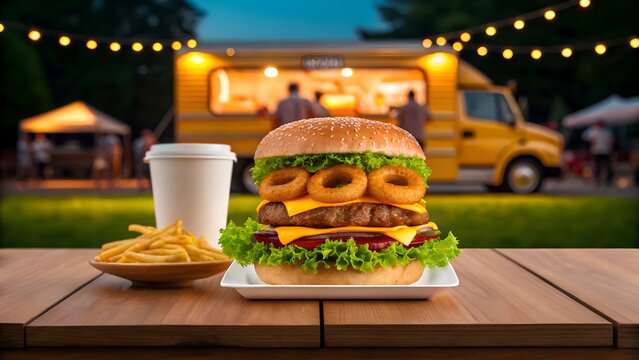 Delicious gourmet burger with onion rings, fries and coffee or soda drink on a wooden table, set against the warm glow of string lights and a food truck in the evening