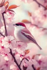 Fototapeta premium Bird on tree branch with beautiful flower in Spring.