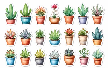 Obraz premium Plant stickers, houseplant succulents background image, leaf texture banner