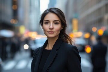 Naklejka premium Young woman standing on a busy city street with blurred traffic in the background on a sunny day