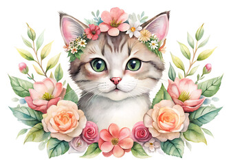 cute cat floral watercolor illustration vector art isolated white background abstract vibrant pastel color 