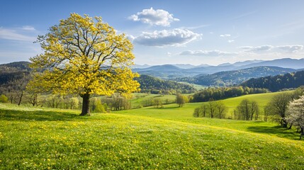 Vibrant Spring Landscape with Yellow Tree and Flower Meadow