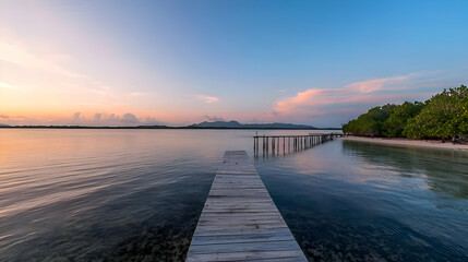 Obraz premium Serene Sunset Over Tropical Ocean With Wooden Pier
