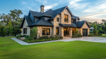 Elegant Stone House Exterior with Sunset Glow