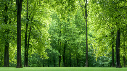 Fototapeta premium Lush Green Forest with Sunlight Filtering Through Trees