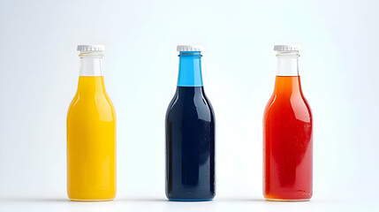 Three Glass Bottles with Yellow, Blue and Red Drinks on White Background