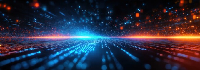 Obraz premium Vibrant Abstract Expressionism Digital Landscape with Blue and Orange Light Trails and Illuminated Particles