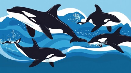 Naklejka premium Illustration of Orca Whales Swimming in the Ocean with Dynamic Waves and Splashes