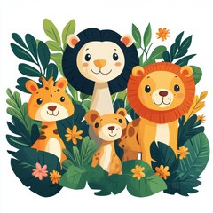 Fototapeta premium Cute Animal Characters with Leaves and Flowers in Flat Design Style