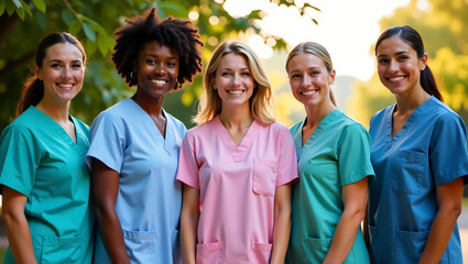 A group of diverse nurses standing together, representing teamwork and unity in the healthcare profession.