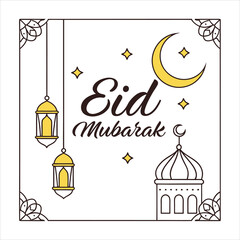 Elegant Eid Mubarak Vector Card with Moon, Lamps 