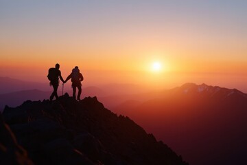 Two Hikers on a Mountain Ridge at Sunset