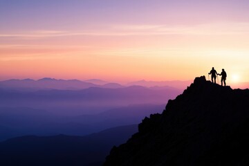 silhouette of people on mountain at sunset