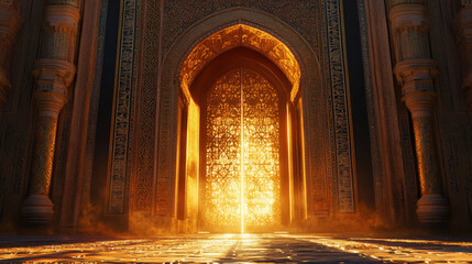 Massive golden vault door surrounded by steam and mystery in a grand ancient bank

