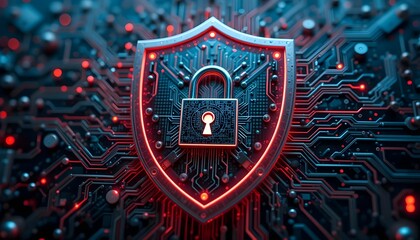 Fototapeta premium cyber security shield with padlock on circuit board background