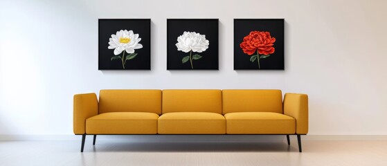 yellow sofa and flower art in living room interior.