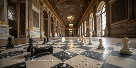 Obraz premium Chess game on the floor of an ornate palace hall with grand architecture and historical paintings