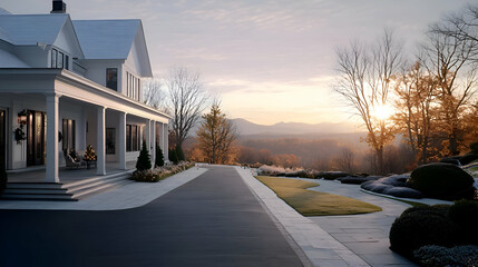 Obraz premium White Grand House at Sunset with Mountain View