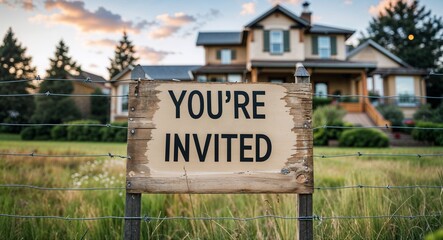 Fototapeta premium youre invited lettering on sign at fence with house background