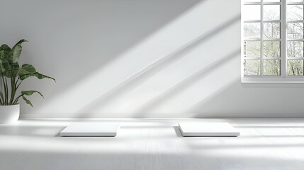 Obraz premium Bright White Minimalist Room Interior with Sunlight and Plant